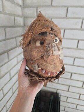 Handmade Carved Coconut Face with Brown Hair